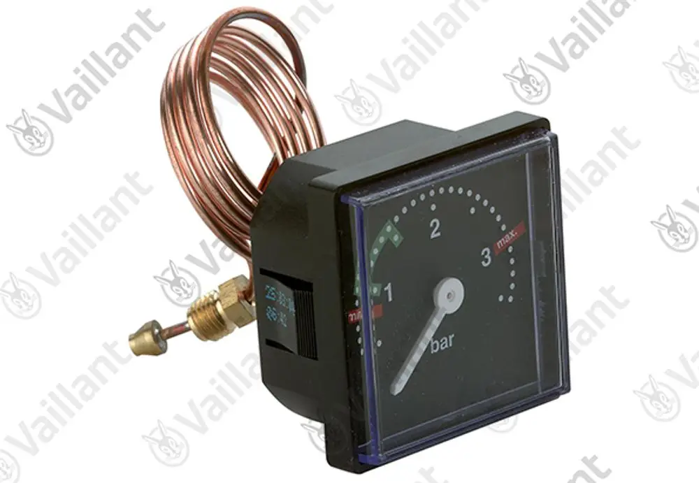 Vaillant Manometer mit skaliertem Ziffernblatt zur Druckanzeige in bar und einer Kupferleitung für die Verbindung.